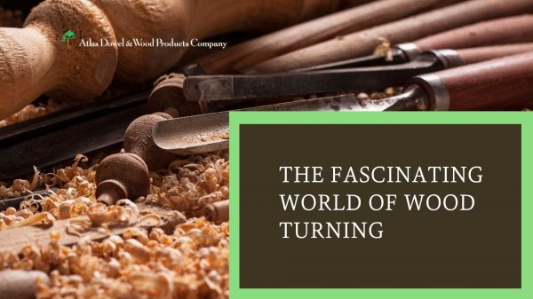 The Fascinating World of Wood Turning text with wood carving tool and wood shavings with carved spindles